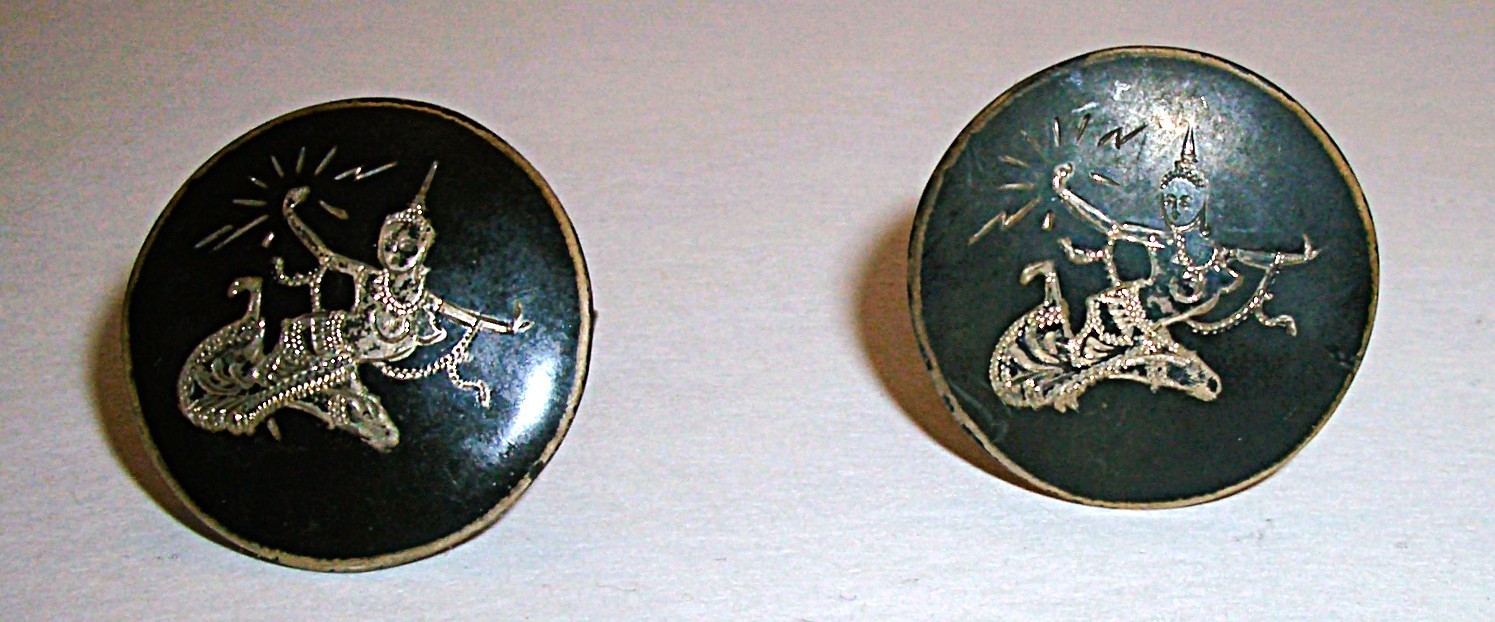Vtg Mid 20th Century Large Marked Siam Sterling Silver Cufflinks Niello Dancer