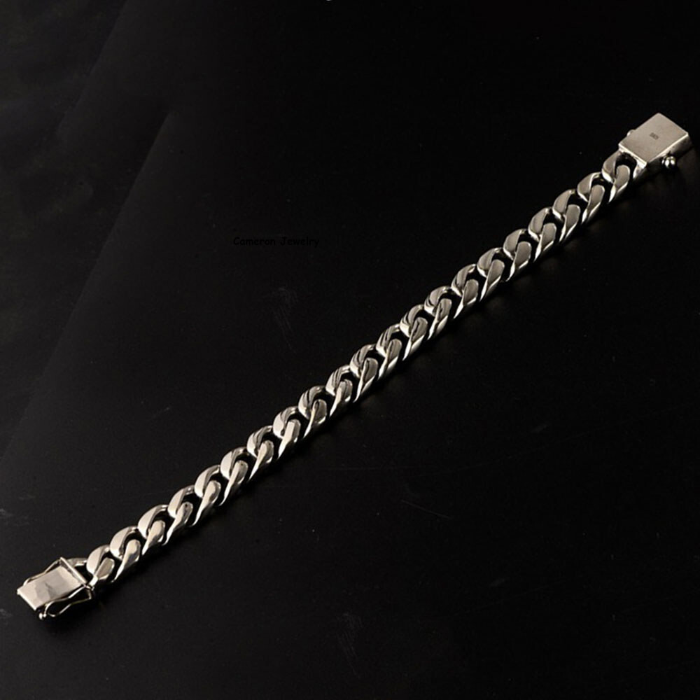 Real S925 Sterling Silver Chain Men 12mm Curb Cuban Link Bracelet 7.9-8.3inch