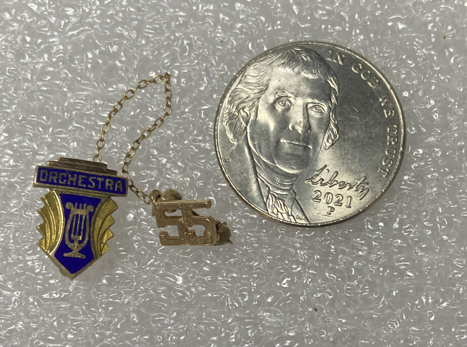 Vintage 1955 Stamped 1/10 10KT Gold & Blue Pin Lyre Orchestra Music Award vg