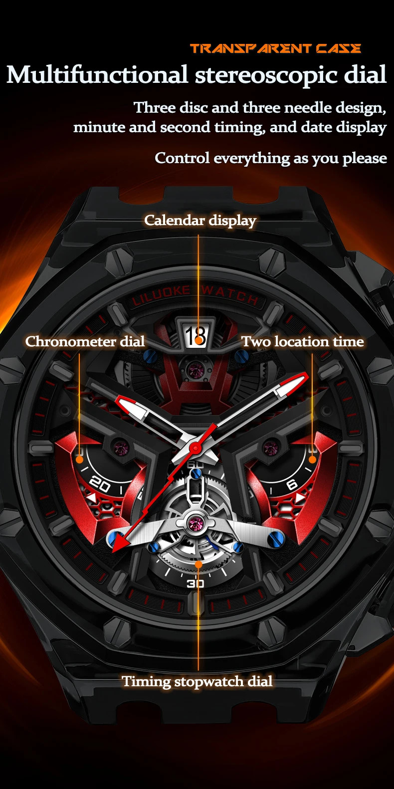 Men’s Transparent Case Watch Night Glow Fashion Sports Waterproof Casual