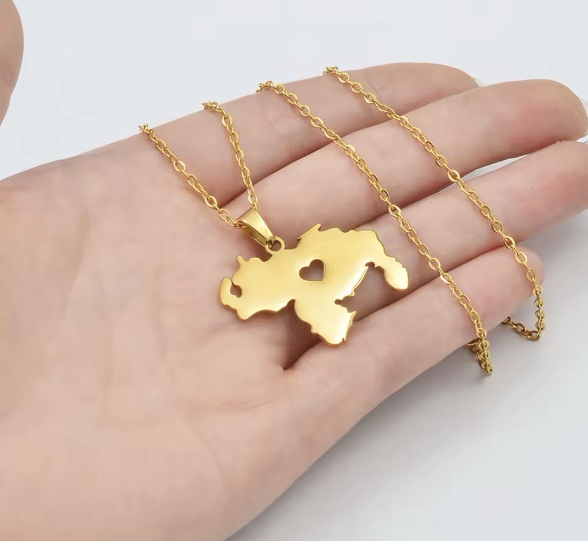 Gold Tone Map Pendant Necklace with Heart Cutout – Stainless Steel