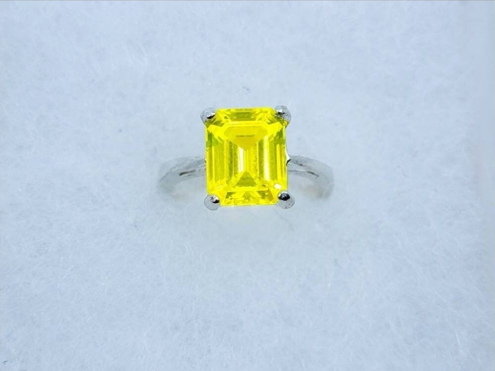 Sterling YAG Ring UV Yellow Yttrium Aluminum Garnet Emerald Cut Solitaire 925