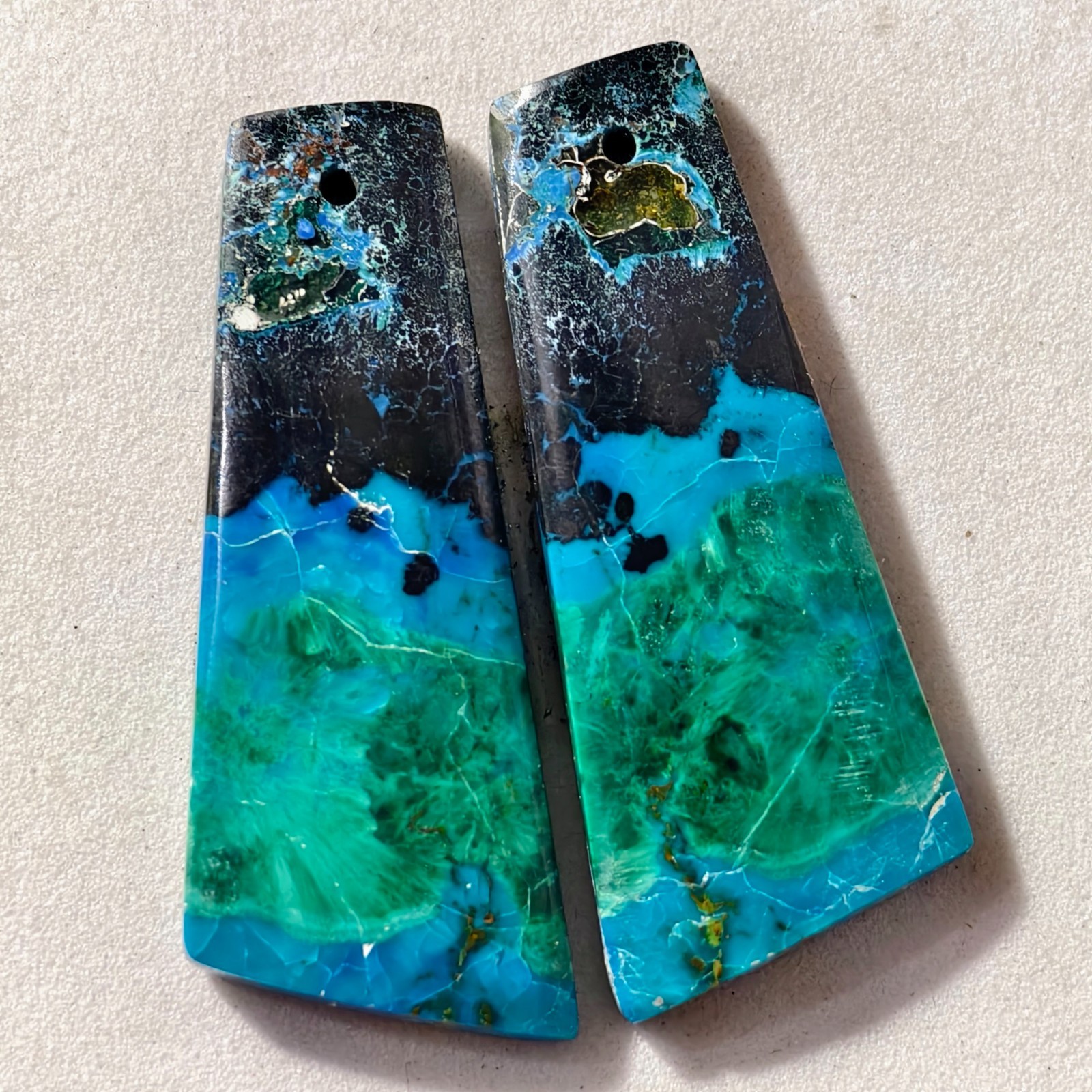 39 Cts Natural Chrysocolla Malachite Drilled Pair Cabochon Gemstone 35.1X13.7 MM