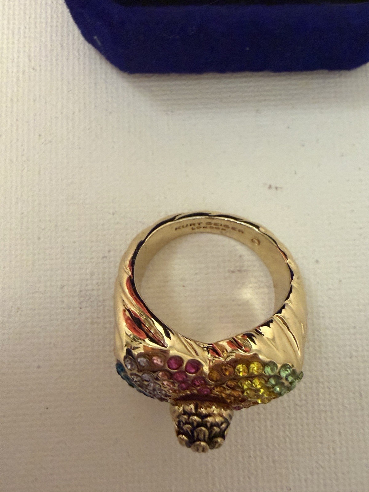 Kurt Geiger London Rainbow Pavé Signature Gold Tone Ring Size 9