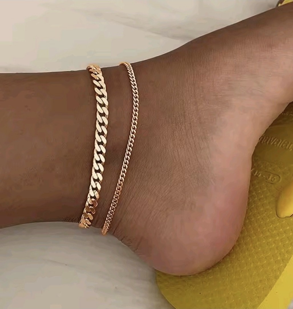 Gold Tone Cuban Link Chain Anklet Adjustable Lobster Clasp, No Stone