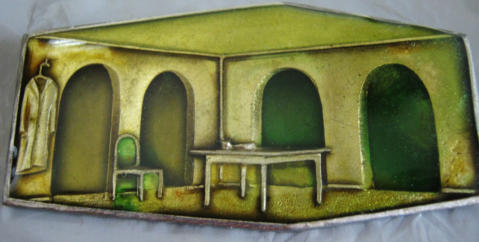 VINTAGE SURREAL SCENE PIN, SPARE ROOM w TABLE CHAIR COAT SEMITRANSLUCENT WINDOWS