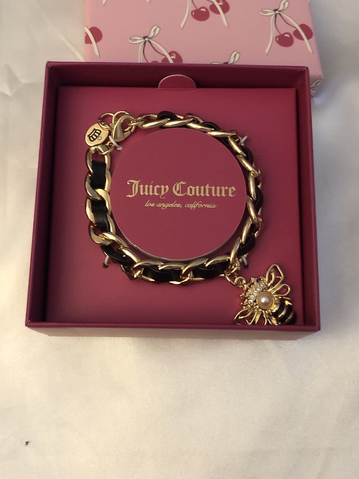Juicy Couture Gold Tone & Woven Black Faux Leather Charm Bracelet Bee Charm NIB