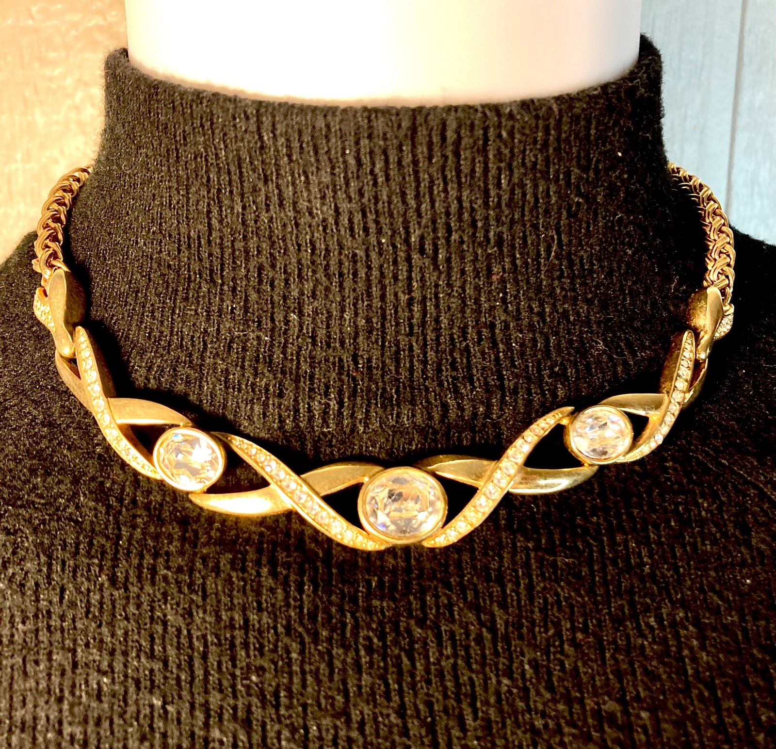Vintage SAL Necklace Swarovski Crystals 15 Inch Gold Tone Signed 3+ Great Stones