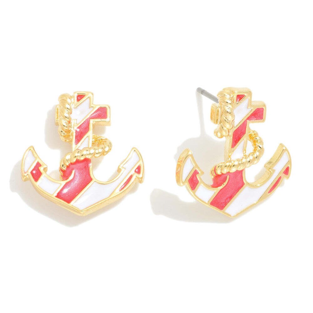 Red Enamel Anchor Stud Earrings Gold Tone Nautical Coastal Beach Rope