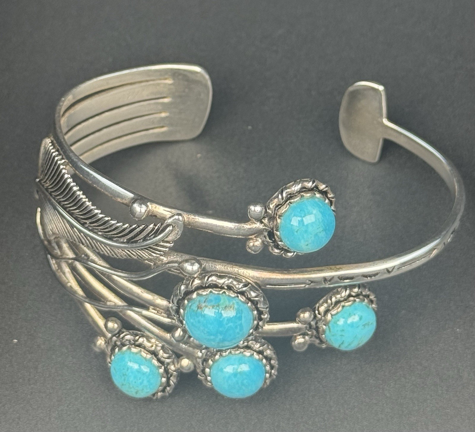 BBJ Bangkok 925 Sterling Silver Turquoise Feather Open Cuff Bracelet 37.4g