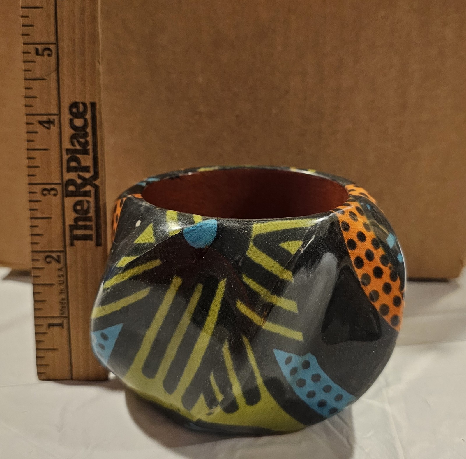 Handcrafted Asymmetrical Painted Wood Bangle Bracelet Black Blue Orange Yellow