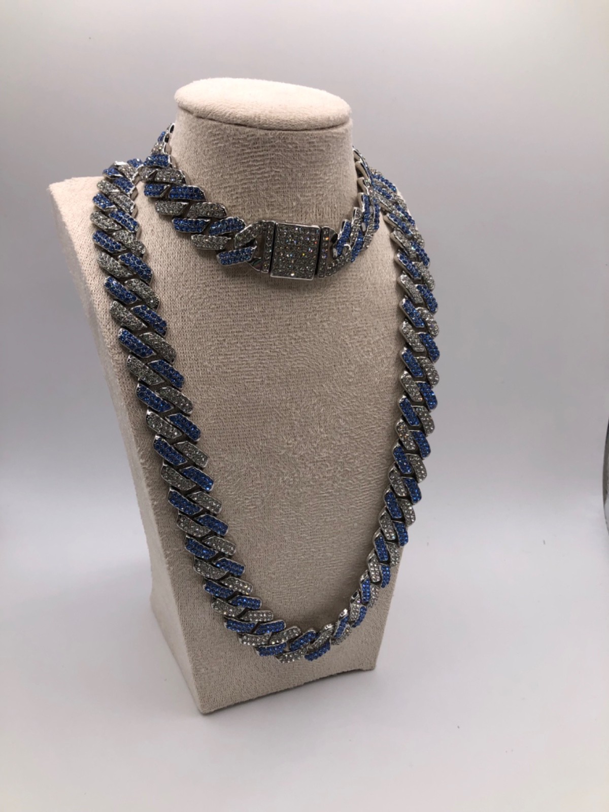 Bling Bling iced out blue and white necklace and bracelet Mens jewelry