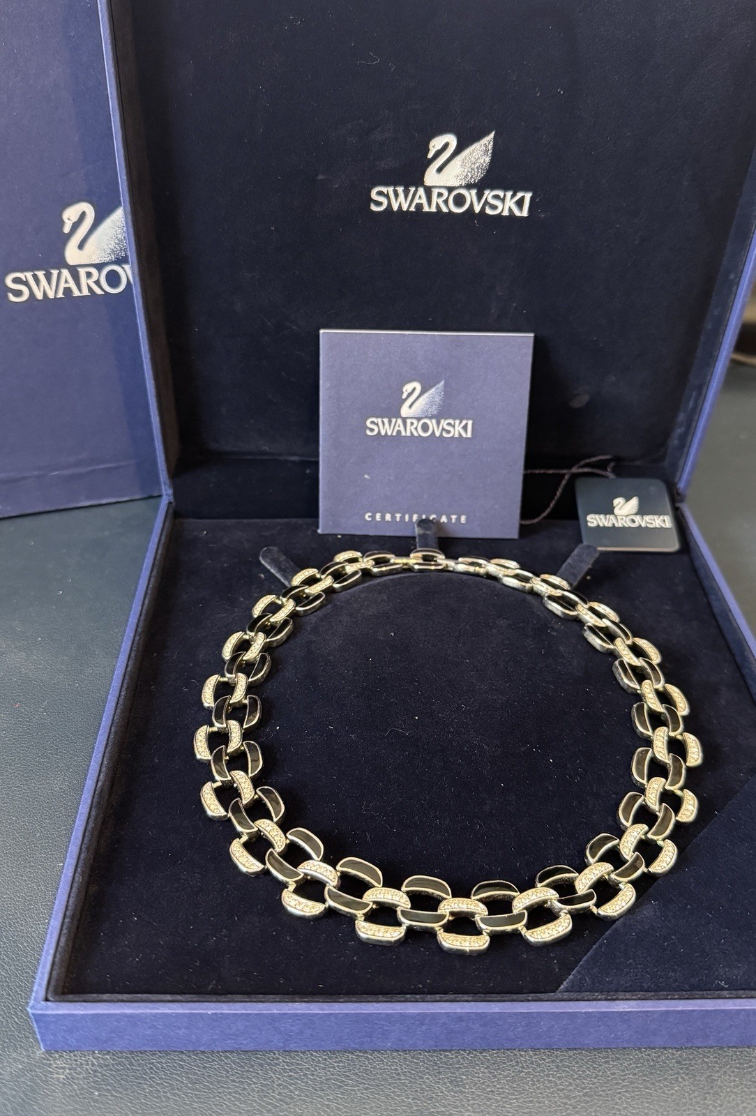 Swarovski Rhodium-Plated Stainless Steel Black White Crystal Collar Necklace