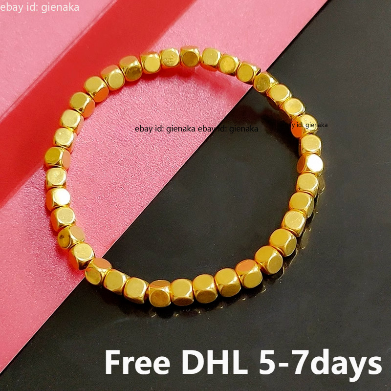 Pure 999 24K Yellow Gold Men Women Lucky 3D 4mm Square Beads Bracelet