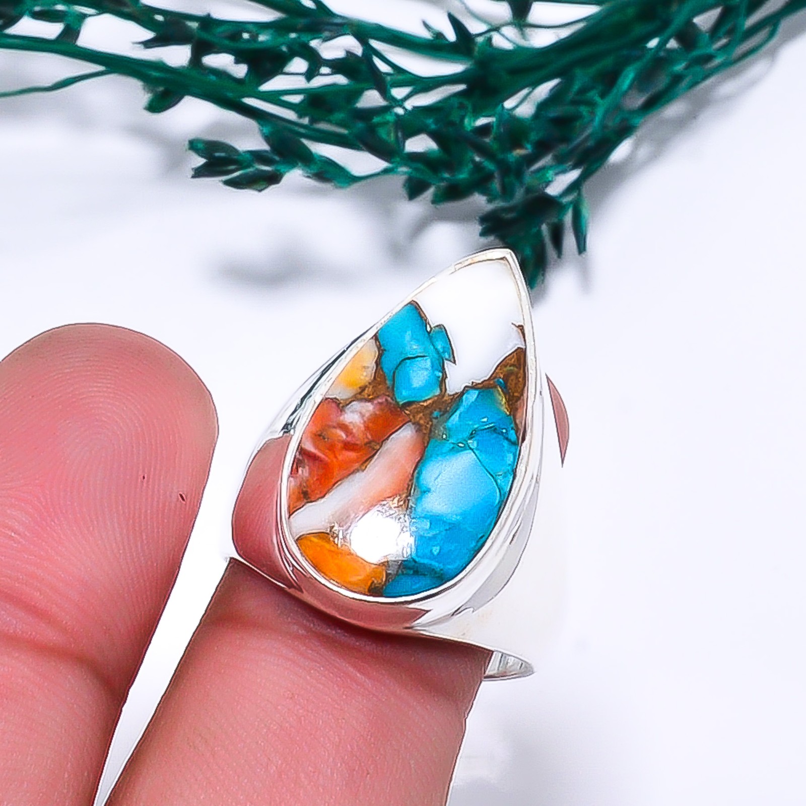 Copper Spiny Oyster Arizona Turquoise 925 Sterling Silver Ring S.8.5 R115112