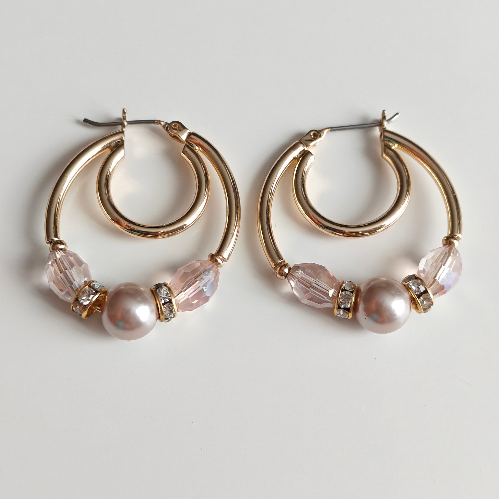 Gold Double Hoop Earrings Pink Faux Pearl Crystal Rhinestone Beaded Latch Back