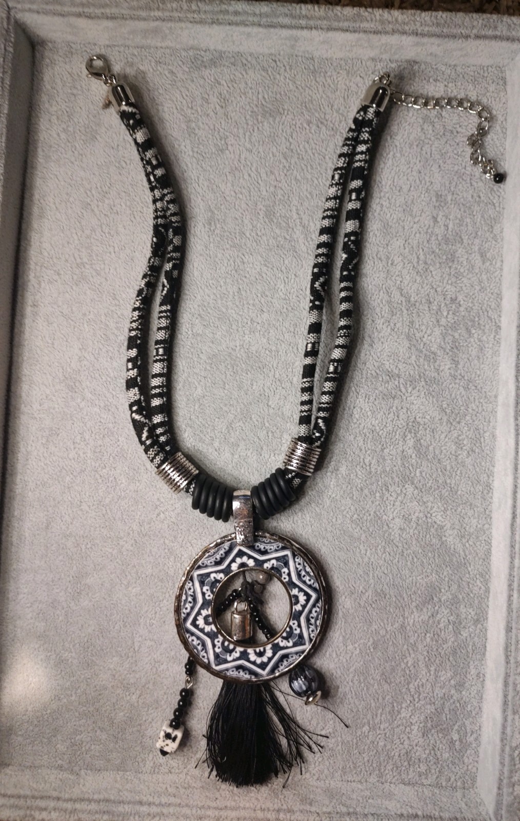 Treska Black/White/Silvertone With Round Enamel Pendent Necklace