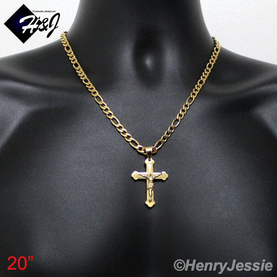 18″-36″MEN Stainless Steel 6mm Gold Plated Figaro Link Chain Cross Pendant*J2