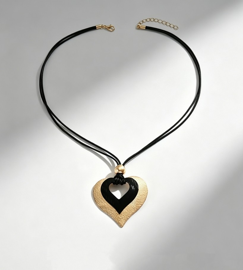 Two-Tone Alloy Splice Heart Pendant Black Cord Fashion Choker Necklace
