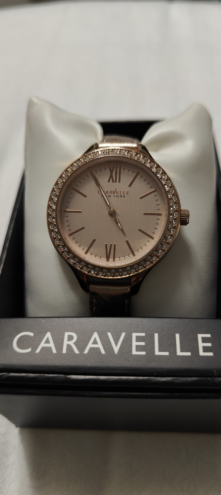 Caravelle New York 44L132 Women’s Analog 37mm Round Rose Gold Tone Crystal Watch