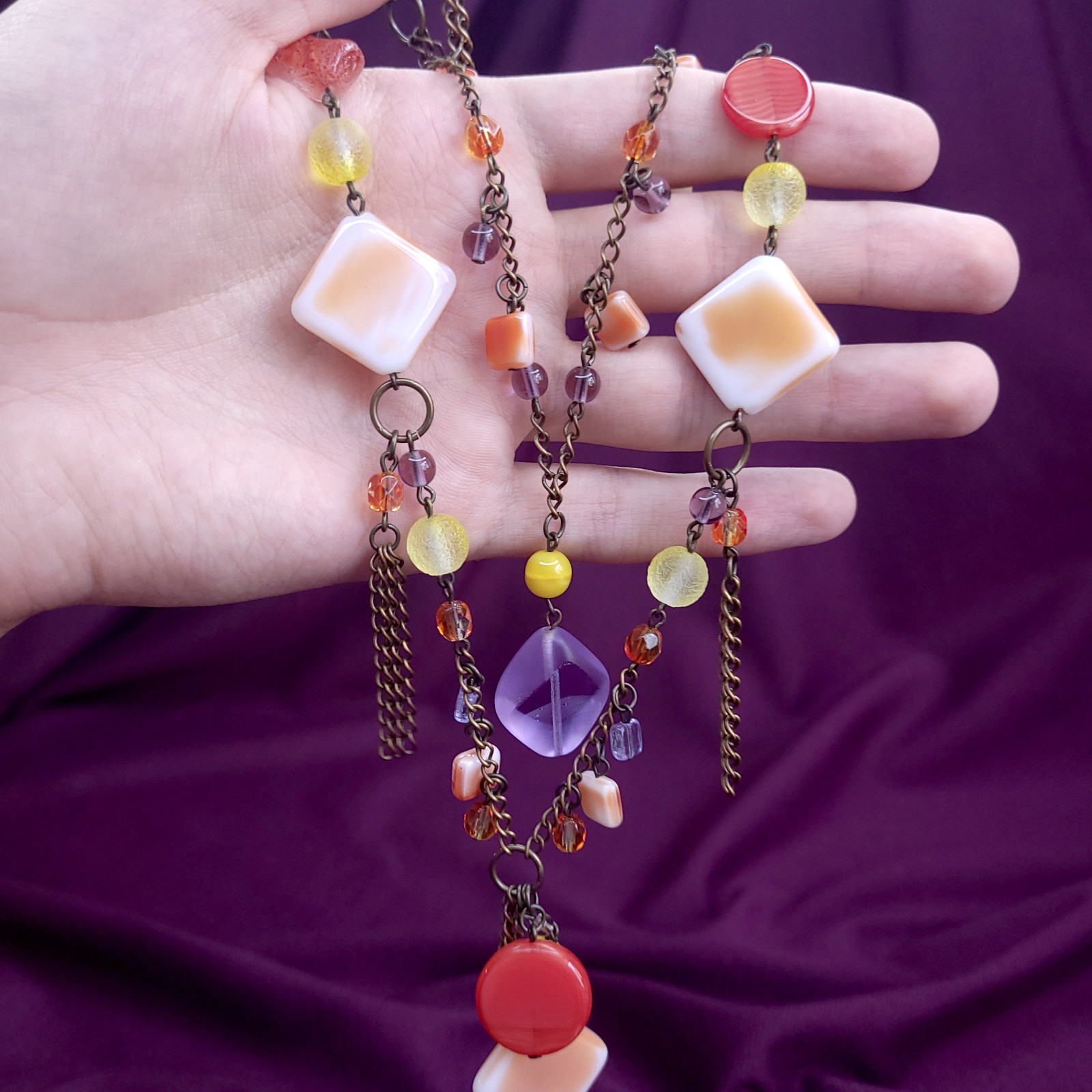 Necklace 24″ Red Orange Glass Czech Beads Vintage Style