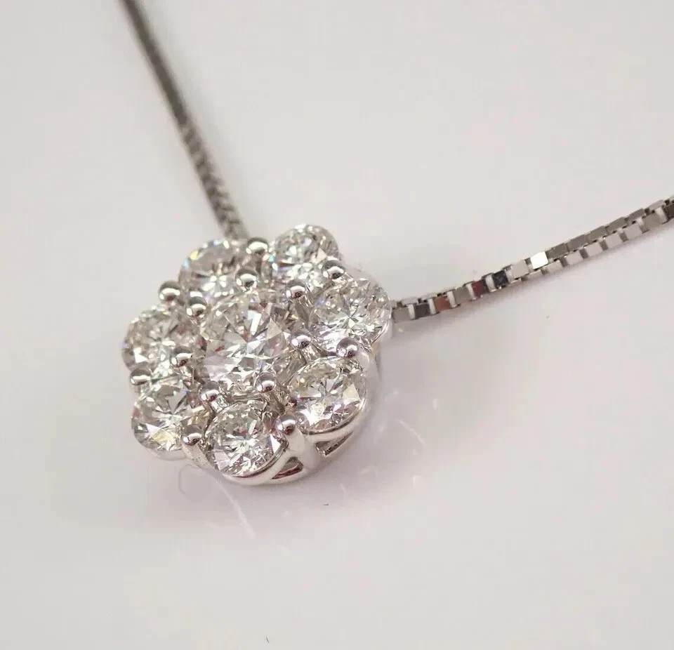 1.10 Ct Round Cut Moissanite Cluster Pendant Necklace in 14K White Gold Plated