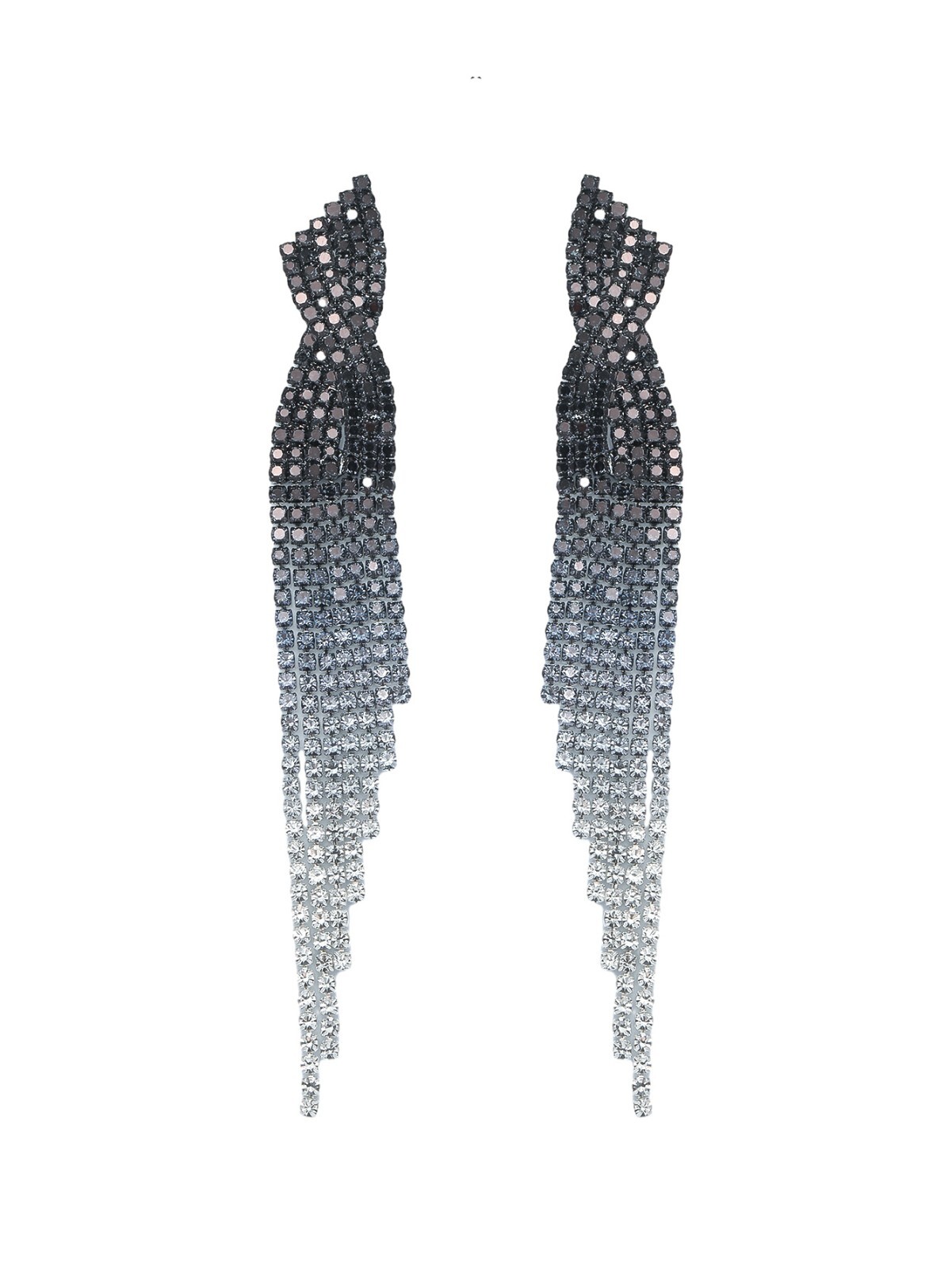 Black and White Cascading Rhinestone Earrings Long Gradient Silver Tassels