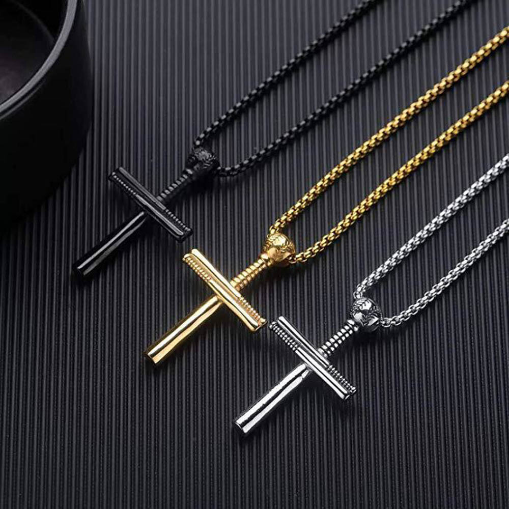 Baseball Bat Sports Cross Pendant Necklace Stainless Steel Black Silver Gold 24″