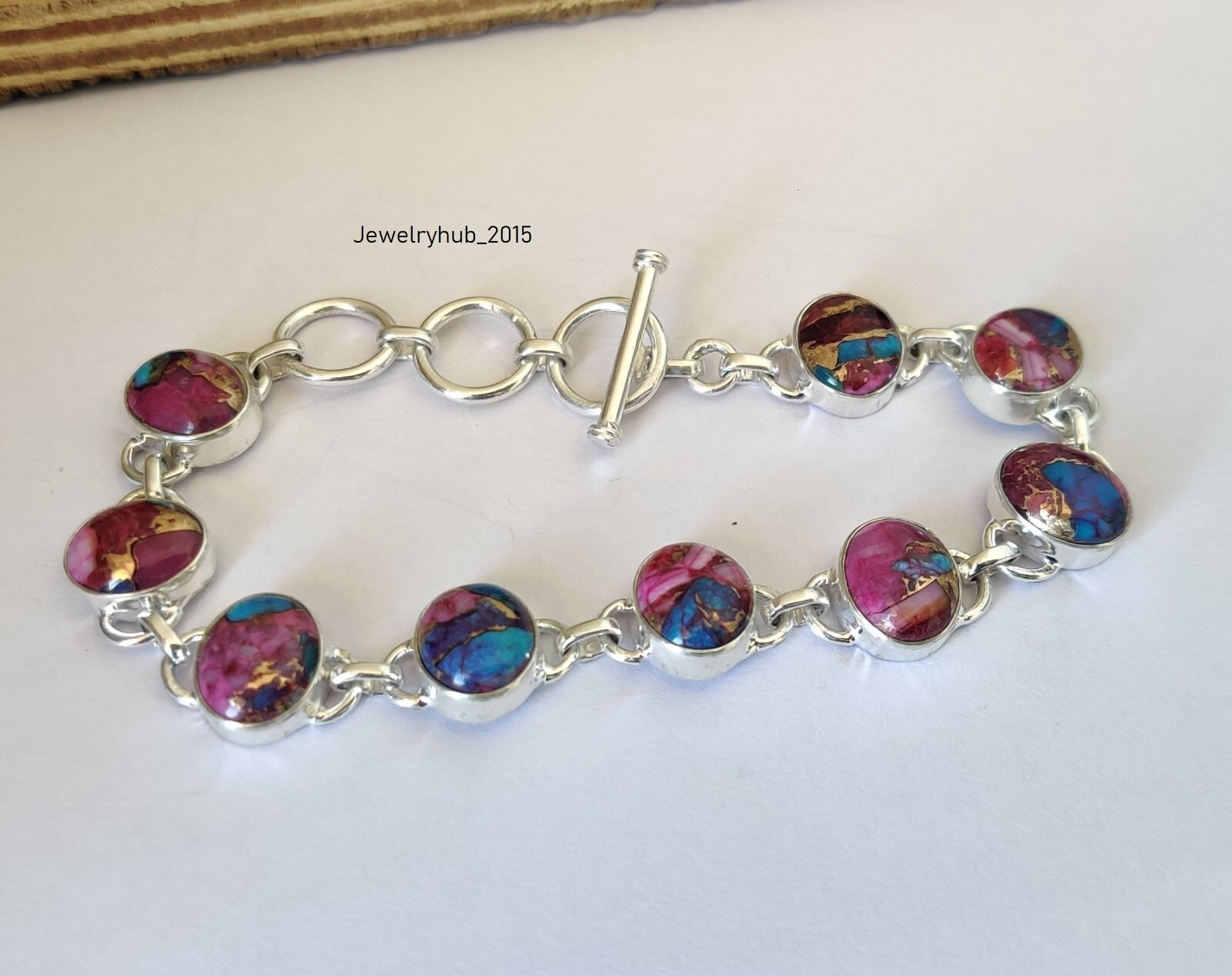 Pink Oyster Copper Turquoise Gemstone 925 Sterling Silver Bracelet MO5121