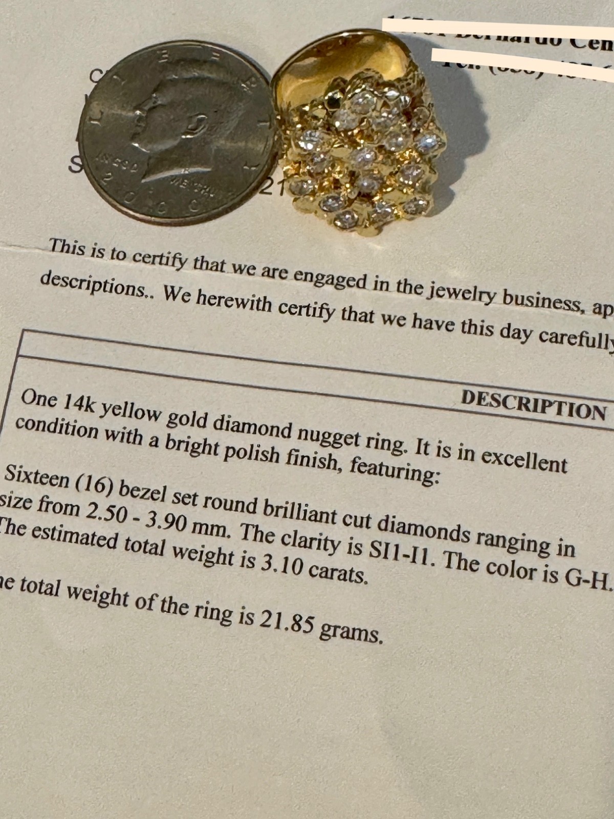 Men’s 14K Gold Diamond ‘ELVIS’ Ring Clarity is SII-II Color is G-H 3.10 carats