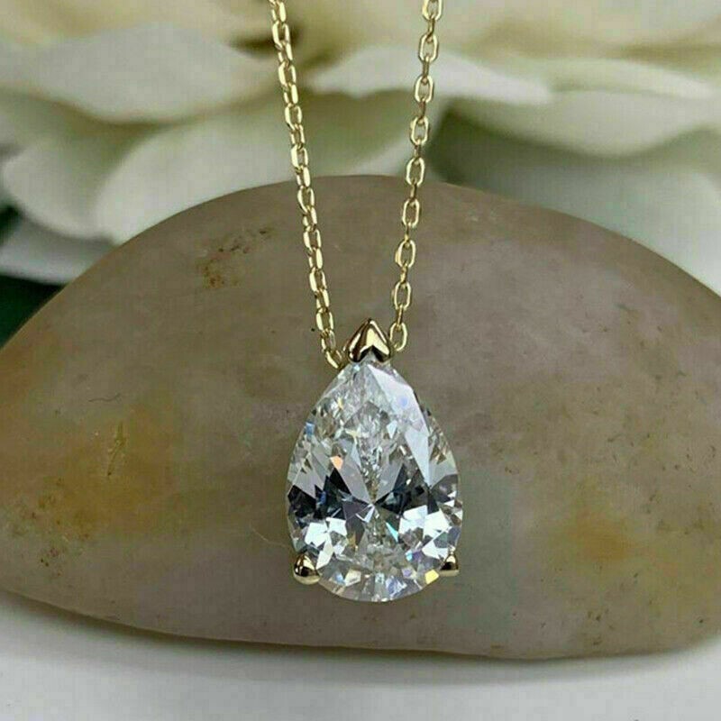 2Ct Pear Cut Diamond Women’s Solitaire Pendant 14K Yellow Gold Finish Free Chain