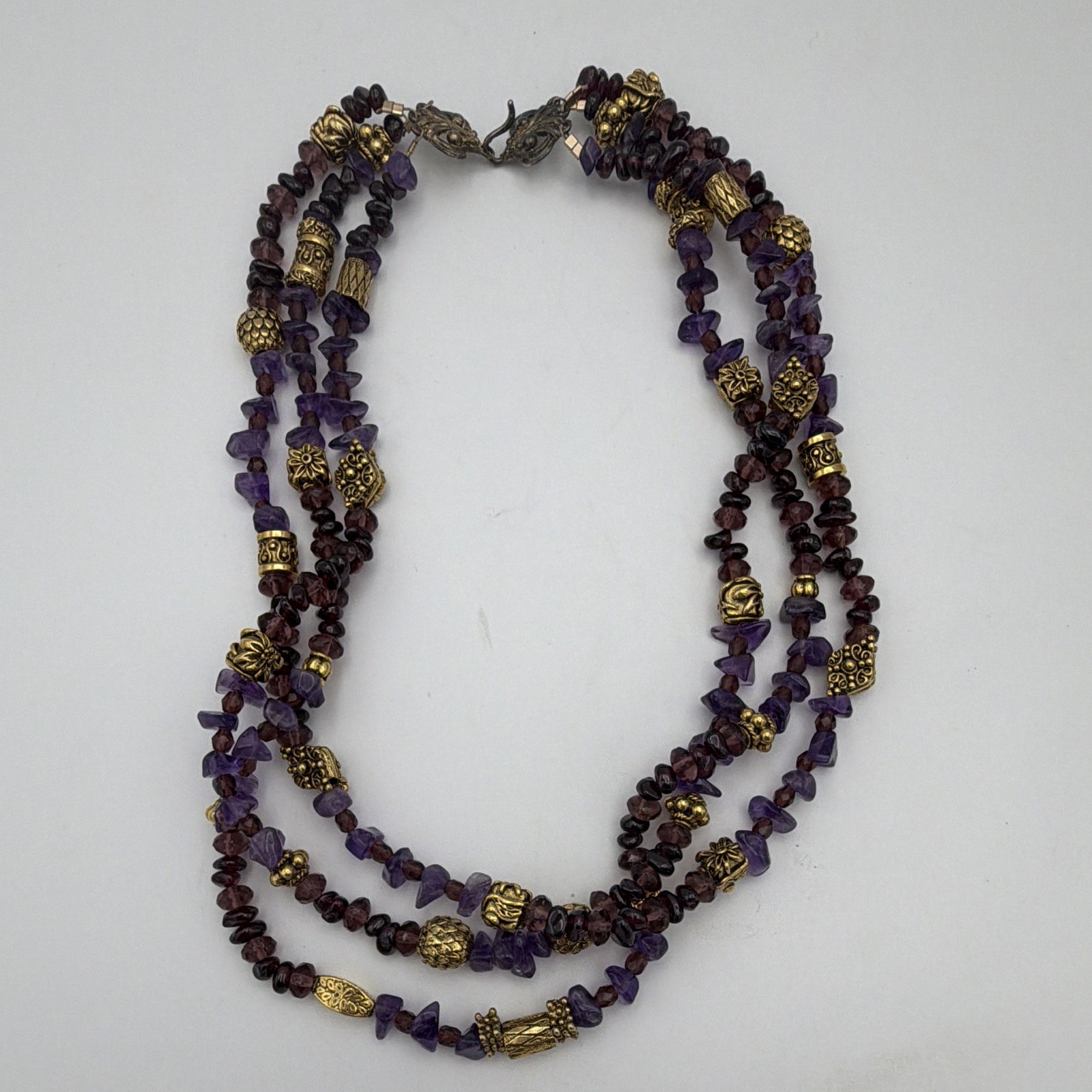 Multi-Strand Layered Beaded Necklace Amethyst Garnet Purple Gold 18” Hook