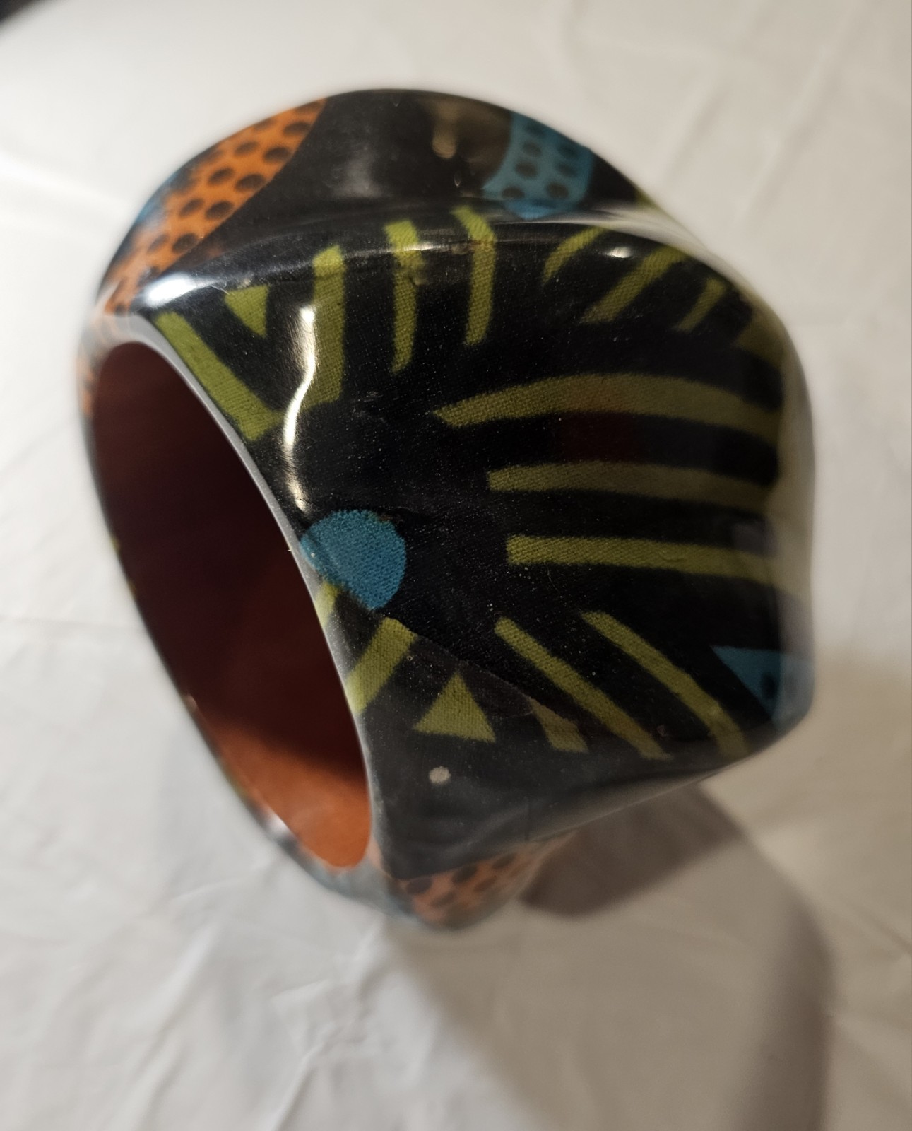 Handcrafted Asymmetrical Painted Wood Bangle Bracelet Black Blue Orange Yellow