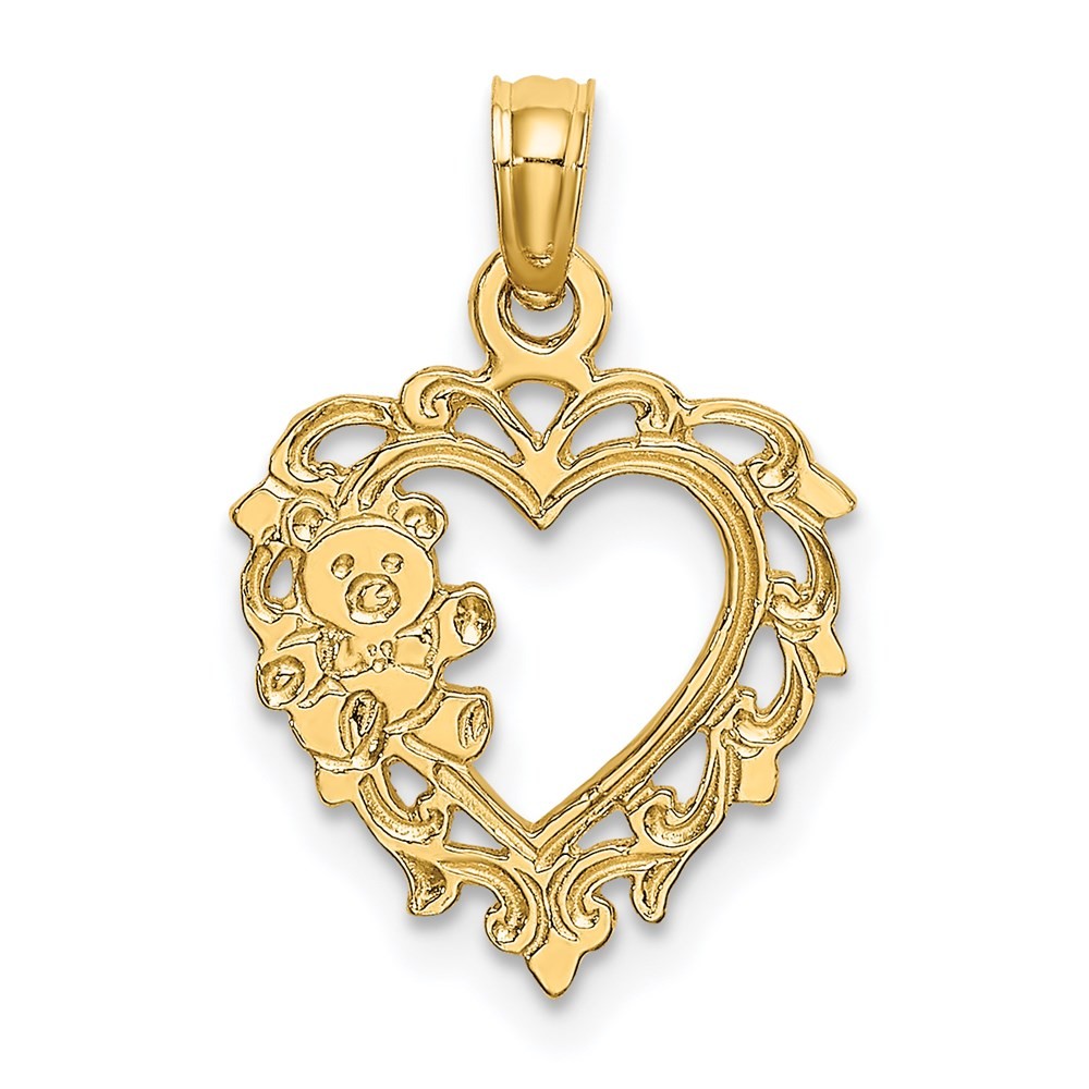 14K Yellow Gold Teddy Bear in Heart Shape Charm Pendant L-18mm, W-13.4mm