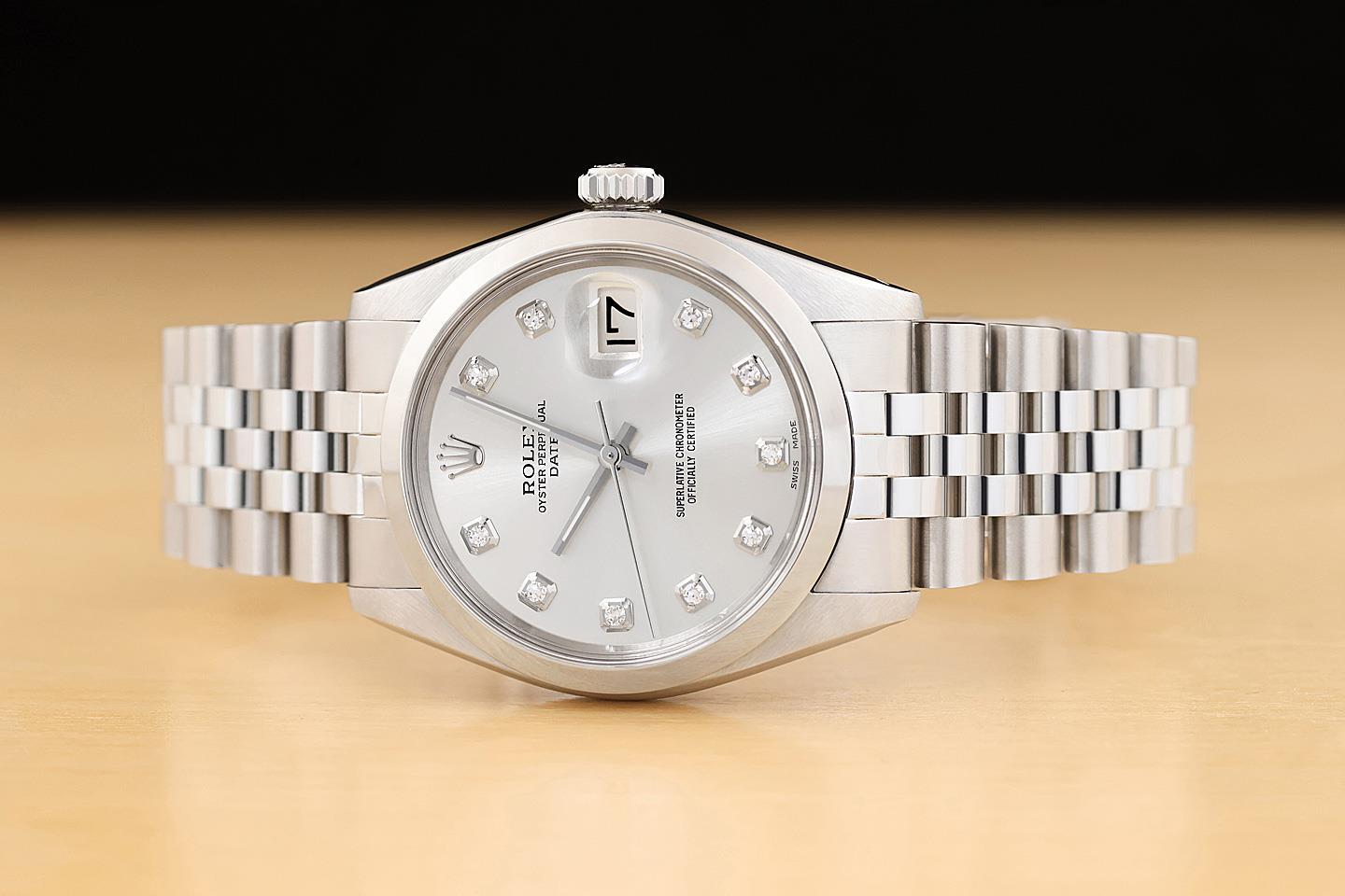 ROLEX OYSTER PERPETUAL DATE 1500 SILVER DIAMOND DIAL STAINLESS STEEL 34MM WATCH
