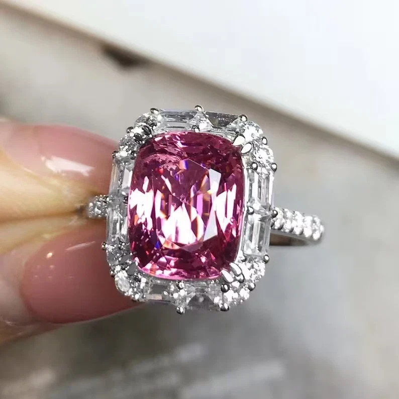 6.50Ct Cushion Cut Natural Pink Sapphire & Solid 14K White Gold Engagement Ring