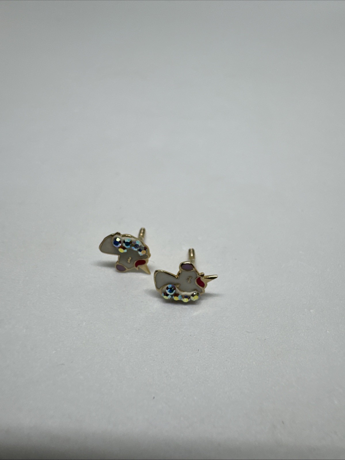 10k Yellow Gold Girl Women All Ages Earring Unicorn Enamel Head Cute Rainbow