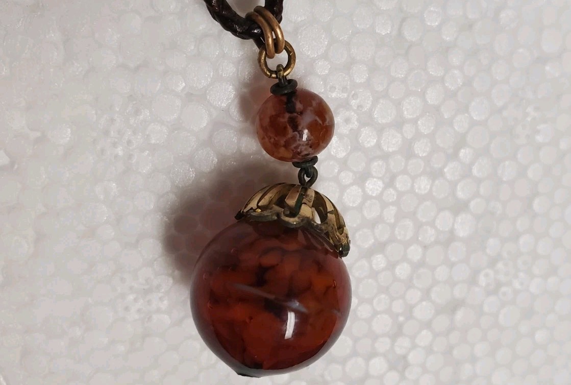 1920s ART DECO ~ LOUIS ROUSSELET Glass & Plaited Leather PENDANT Y NECKLACE