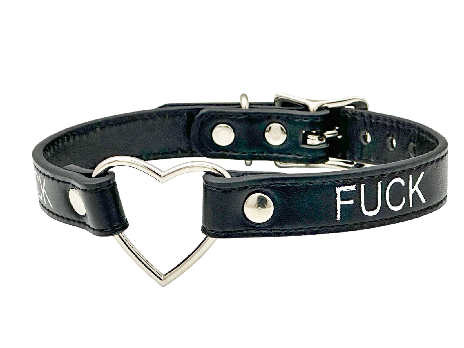 Name SILVER HEART RING Choker BDSM Collar Vegan Leather Necklace O Ring Fetish