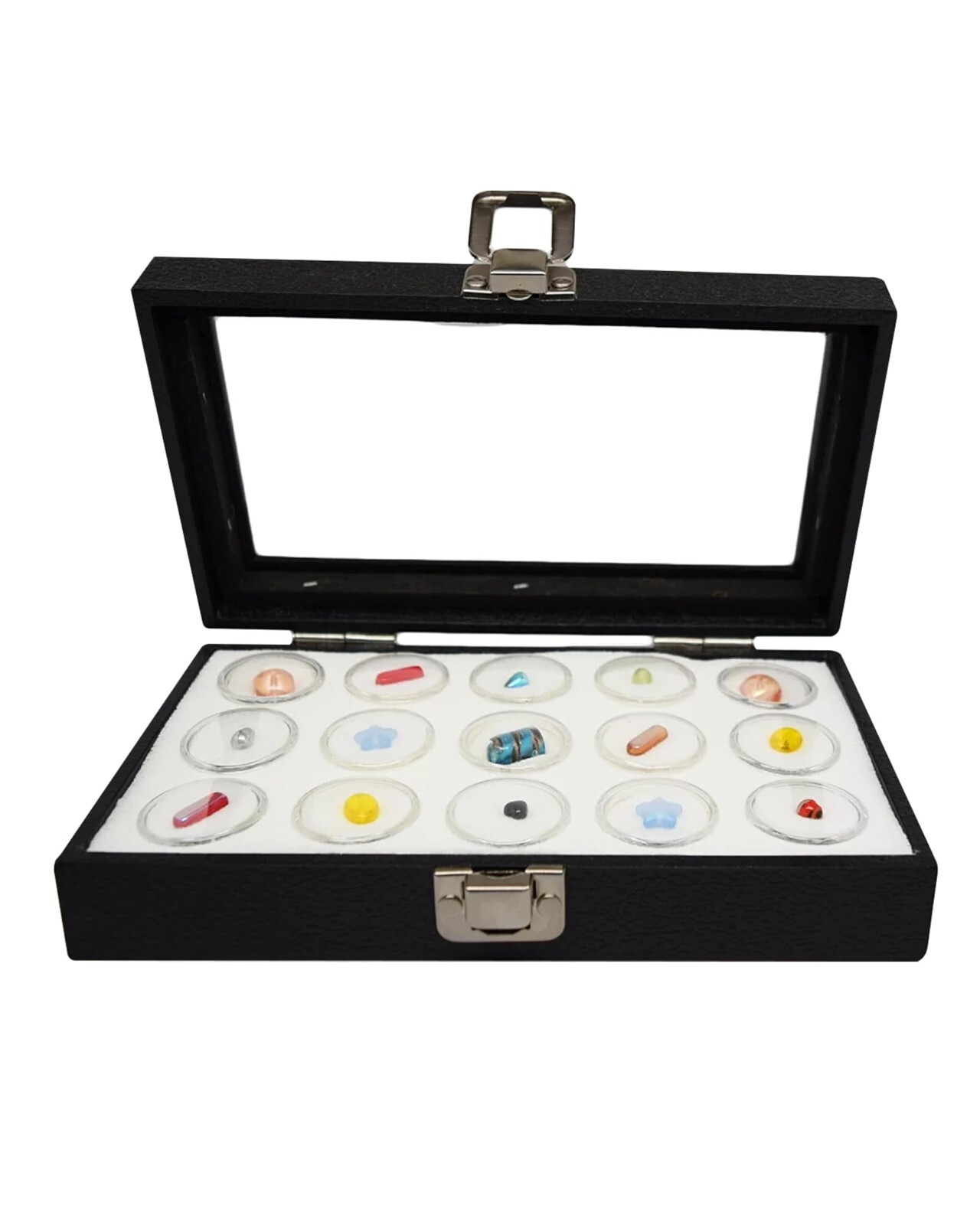 Novel Box Glass Top Black Jewelry Gemstone Display Case With Gem Jar Tray Insert