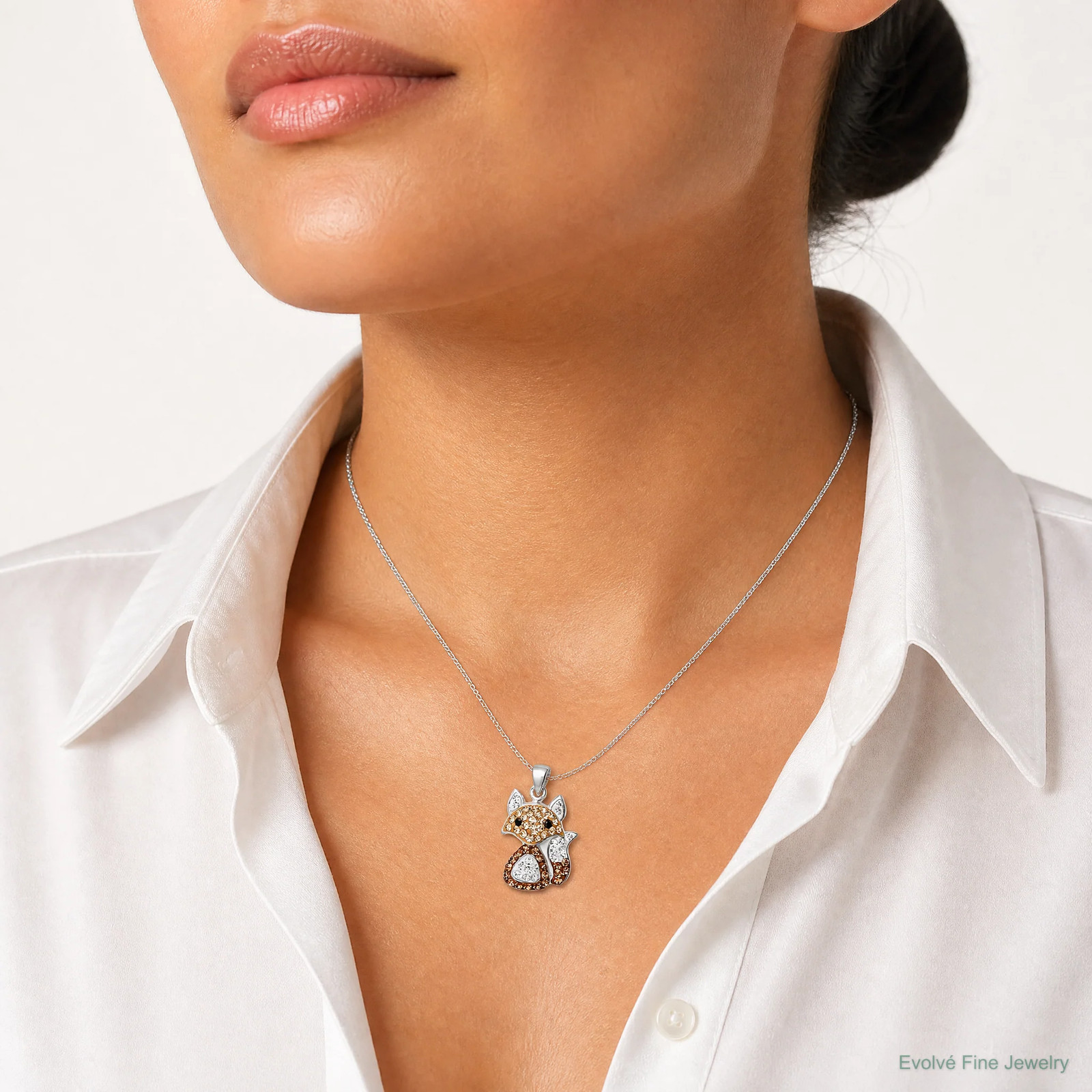 Sterling Silver Rhodium-Plated Tan Preciosa Crystal Fox Pendant