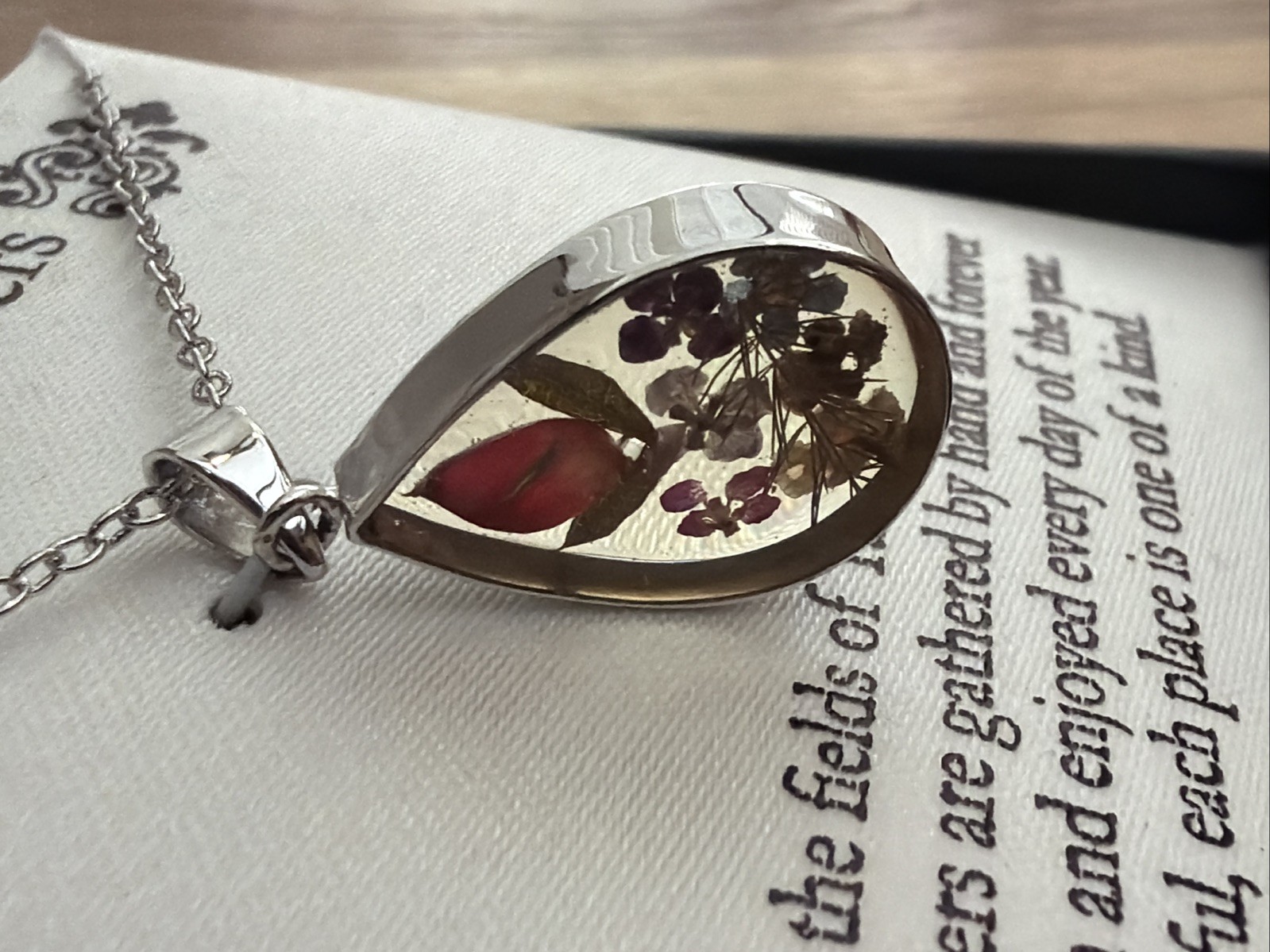 ATI Pressed Flower Necklace Silver Plated Pendant Mexico NEW w/ Package