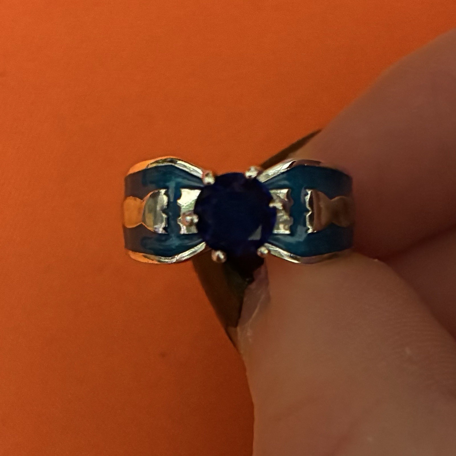 Halo Video Game Adjustable Bow Ring with Blue Round Stone on Silver-Tone Band