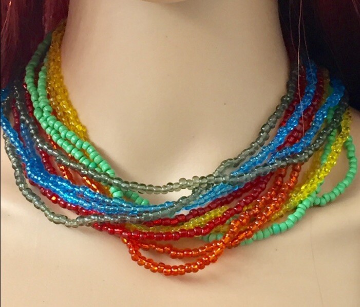 Colorful Crystal Beads & Jade Multi Strands Vintage Necklace