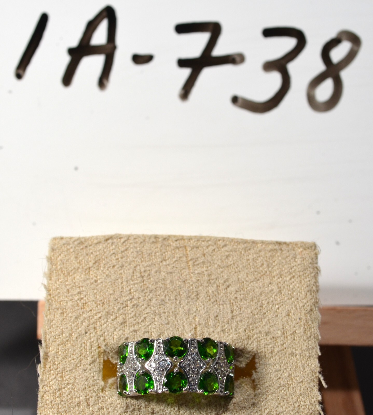 RUSSIAN CHROME DIOPSIDE-WHITE ZIRCON-SIZE 6 MULTI-ROW BAND RING-RHOD/STER SILV