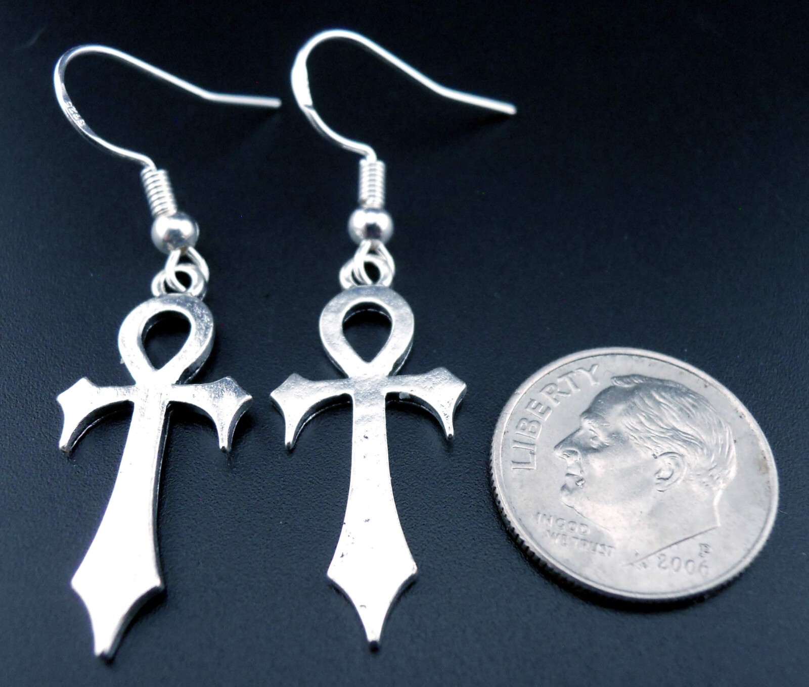 Ankh Earrings Goths Sterling Silver Ear Wires Gothic Egyptian Cross Goth Dagger