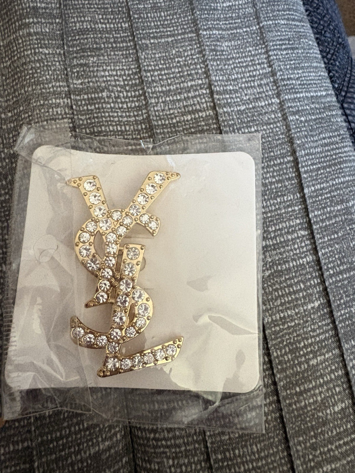 Gold Tone Rhinestone Letter Logo Brooch Pin, Clear Round Stones