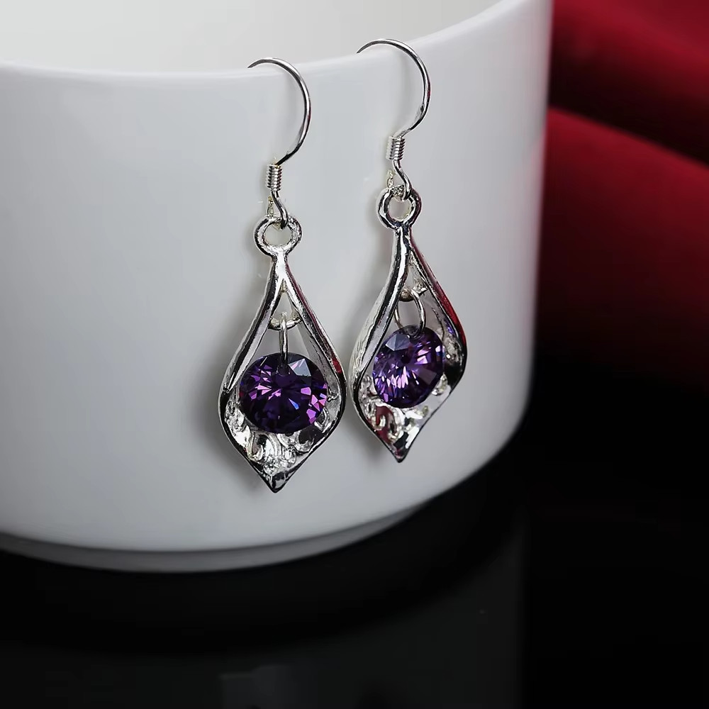 925 Sterling Silver Purple CZ Crystal Teardrop Drop Dangle Earrings Women Gift