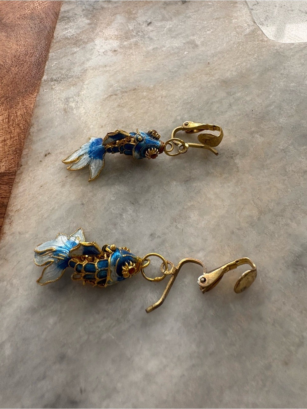Vintage Blue Enamel Koi Fish Clip-On Earrings – Gold Tone