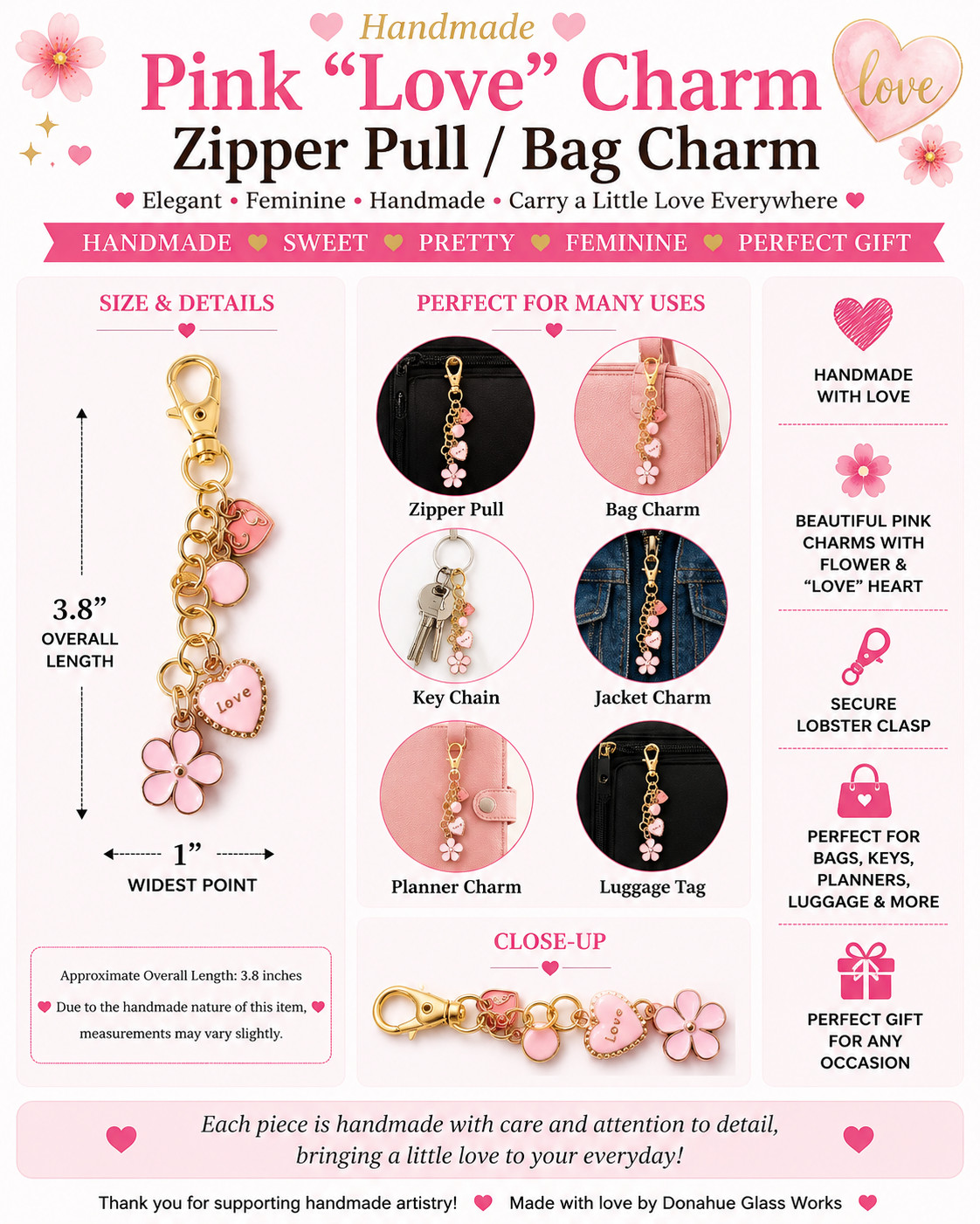 Pink Love Bag Charm Zipper Pull Gold Lobster Clasp Handmade Flower Heart 3.8″